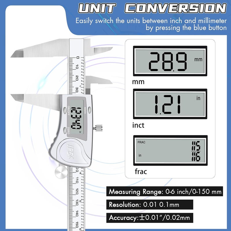 Simhevn Electronic Digital Calipers, inch and Millimeter Conversion,LCD Screen displays 0-6" Caliper Measuring Tool, Automatic Shutdown, Suitable for DIY/Jewelry Measurement (200mm Stainless Steel) - Image 5
